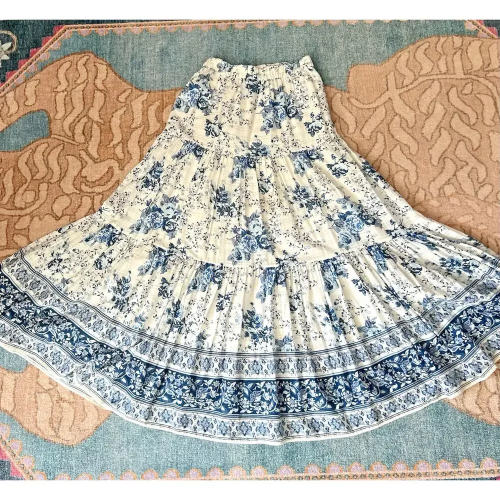 ZARA Women's 100% Cotton Blue White Floral Voluminous Tiered Maxi Skirt Sz XS-S